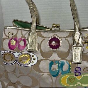 Sold- COACH Metallic-Trim Signature Tote in Beige with Gold Accents